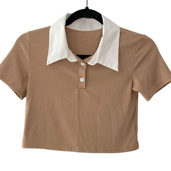 Women Short Sleeves Brown Nude Beige White Collar Cropped Polo Small - Picture 1 of 8